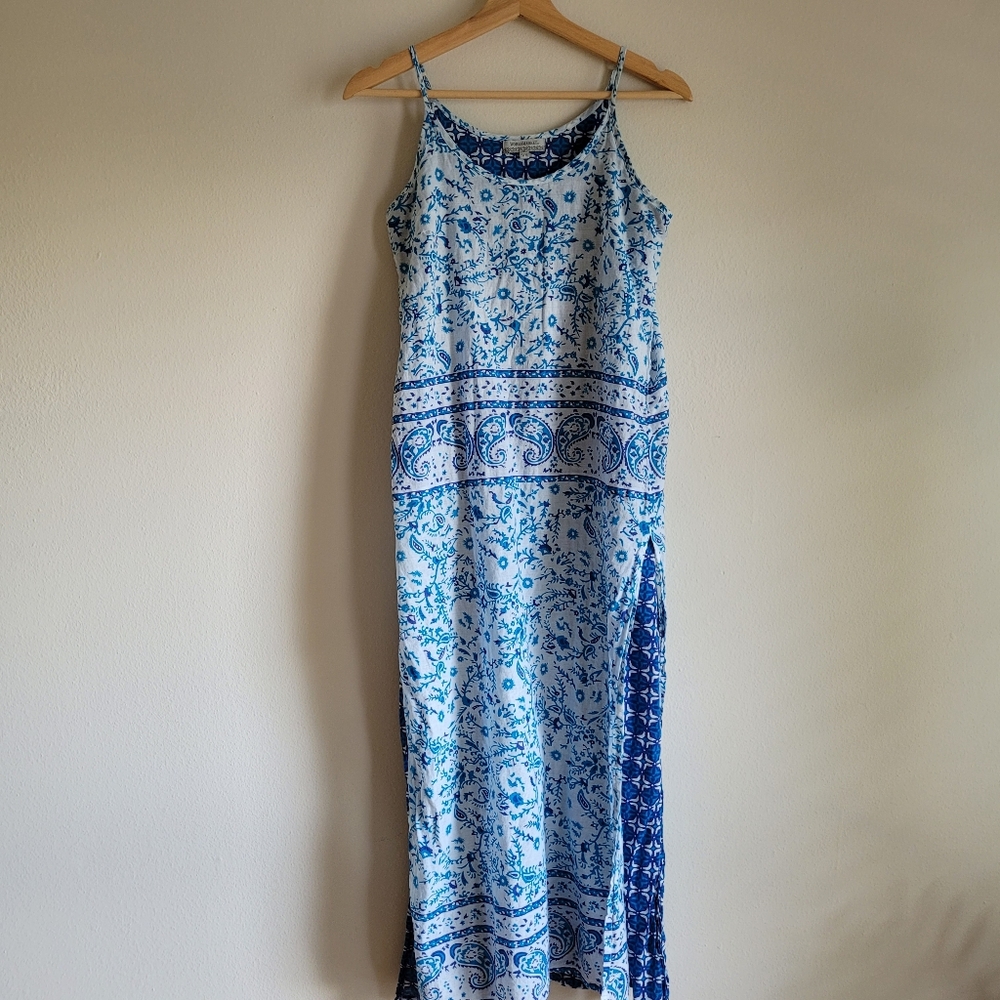 World Market Maxi Dress with Side Slits S/M Blue Floral Boho Peasant Sleeveless